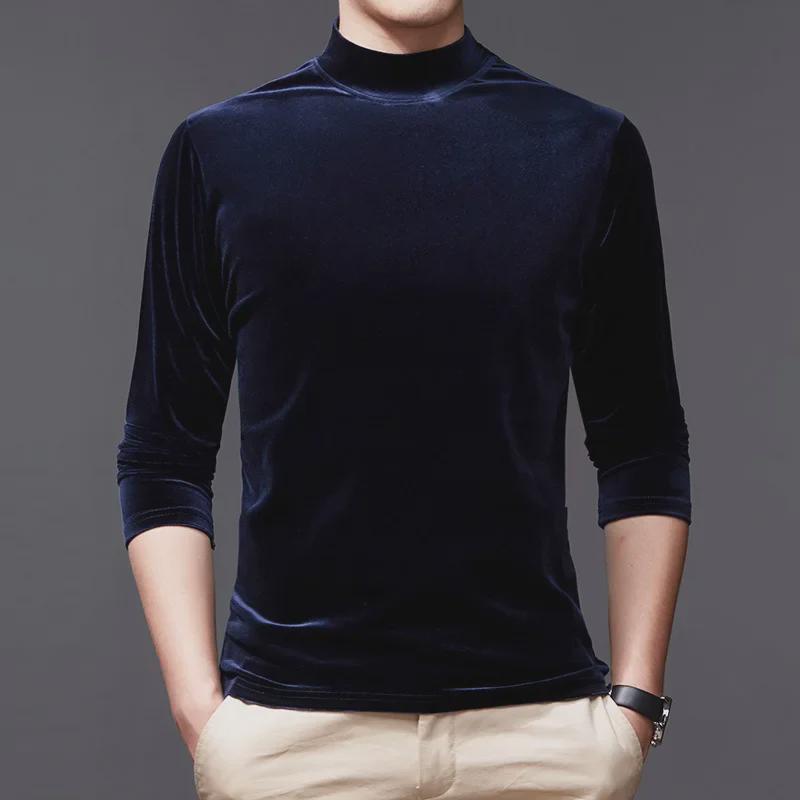 Ανδρική Χρυσή Βελούδινη Μπλούζα με Μισό Ψηλό Γιακά και Μακρύ Μανίκι για Φθινόπωρο/Χειμώνα 2022