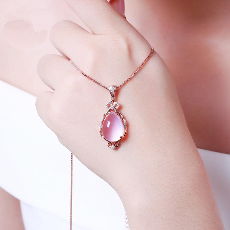Silver-Plated Fairy Necklace: Pink Crystal & Hibiscus Stone Pendant On Rose Gold Clavicle Chain, Perfect Gift for Women