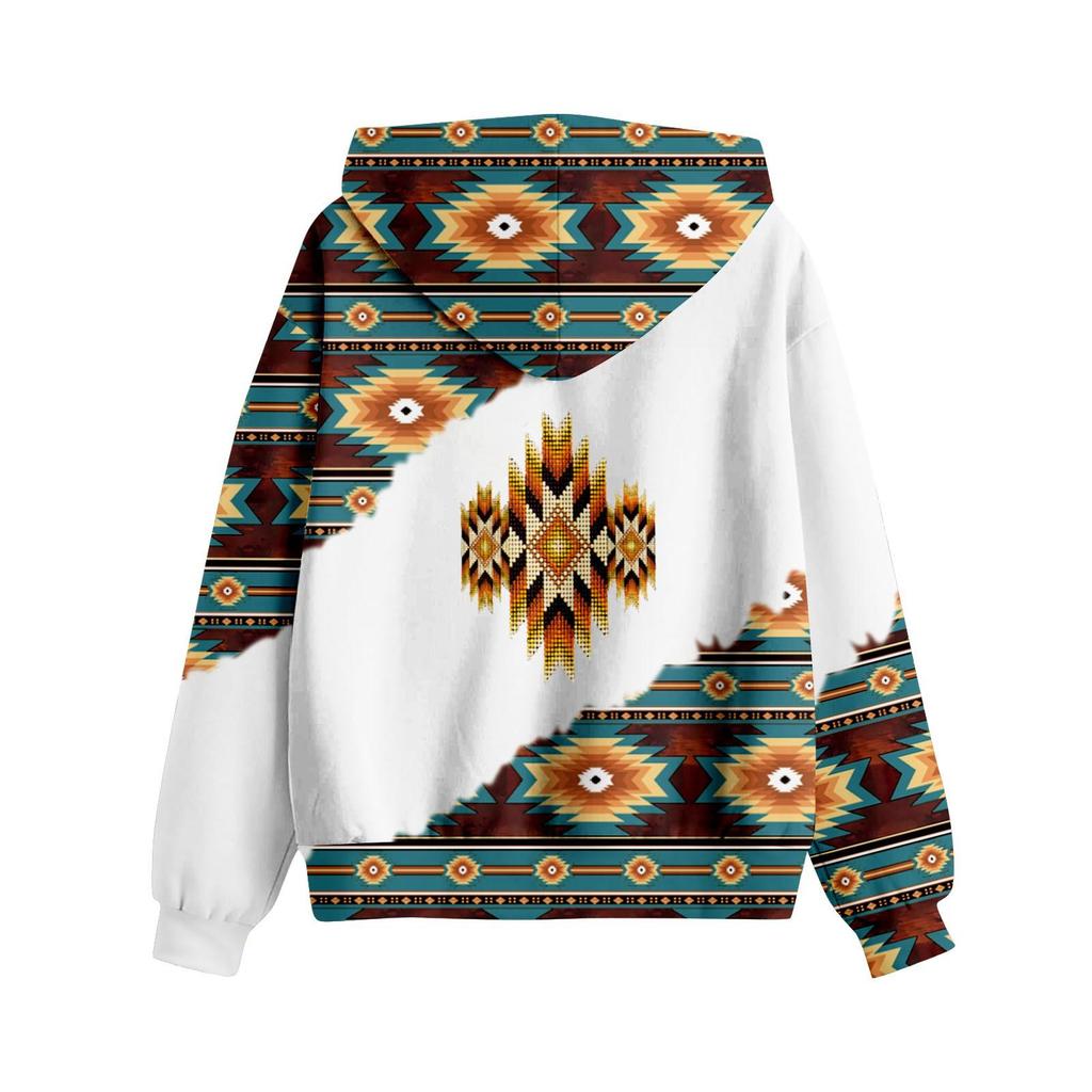 Lässiges, langärmliges Pullover-Oberteil mit Kordelzug für Damen mit geometrischem Pferdemuster, Kapuzen-Sweatshirt im Ethno-Stil