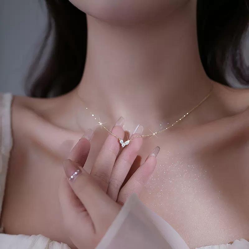 925 Sterling Silver Plated  K Gold Necklace for Women Three Zircon Hearts Pendant Simple Collarbone Chain silver