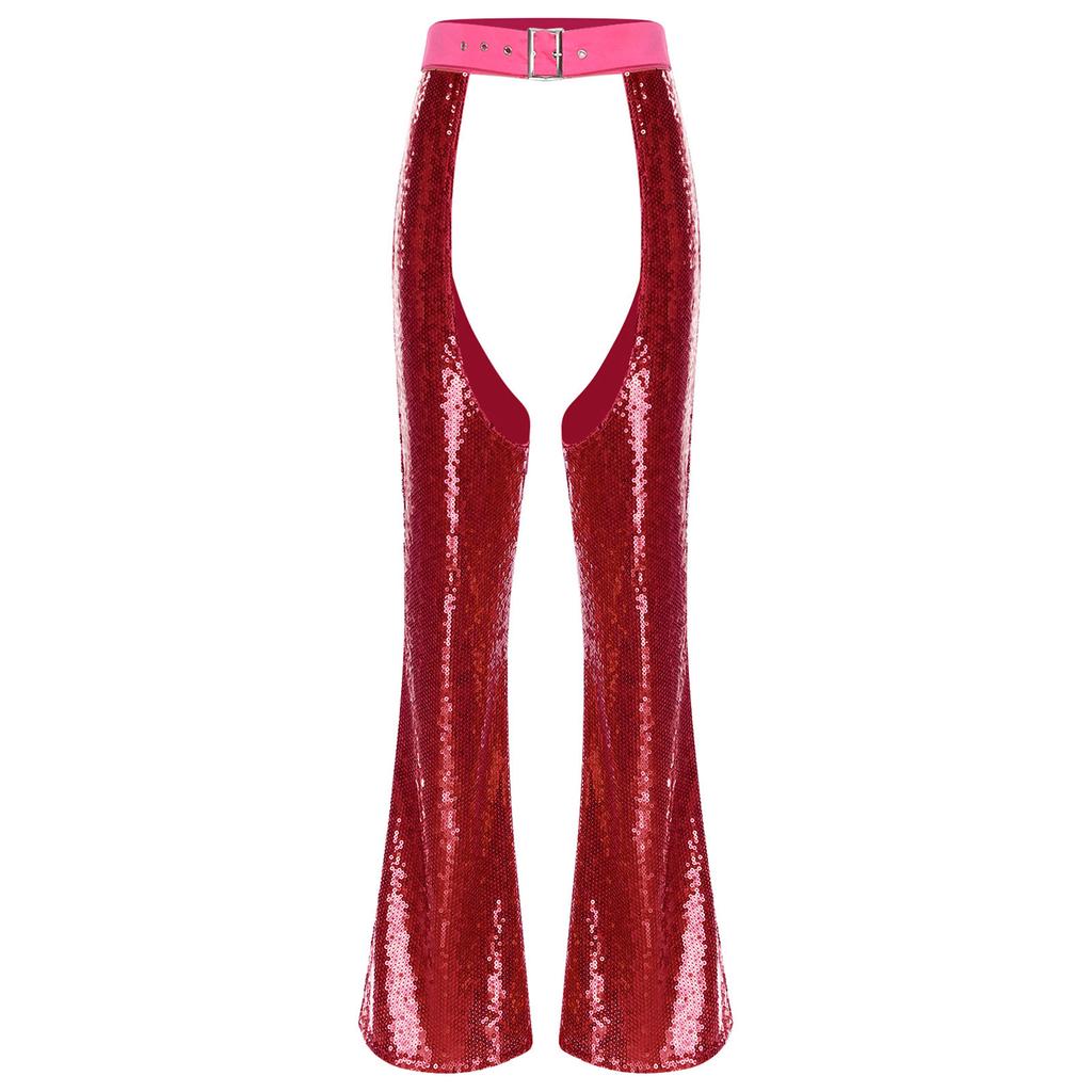 Damskie Halloweenowe Błyszczące Sequiny Koniarskie Chapsy Regulowany Pas Krocze Wycięte W Pełni Podszewka Rozszerzane Spodnie