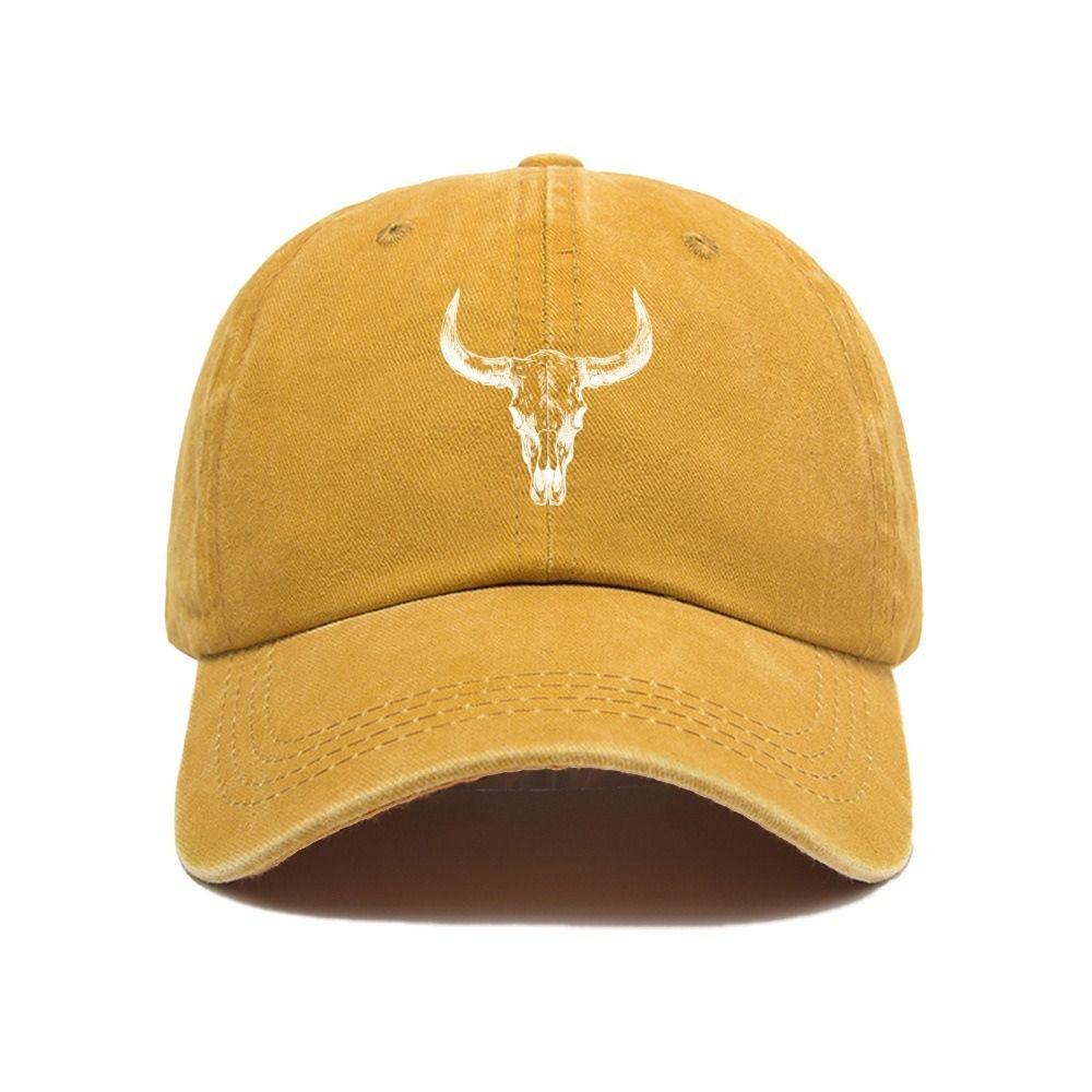 Washed Cotton Bull Skull Print Baseball Cap Hip Hop Adjustable Peaked Cap Distressed Sunscreen Dad Hat For Man Women Unisex