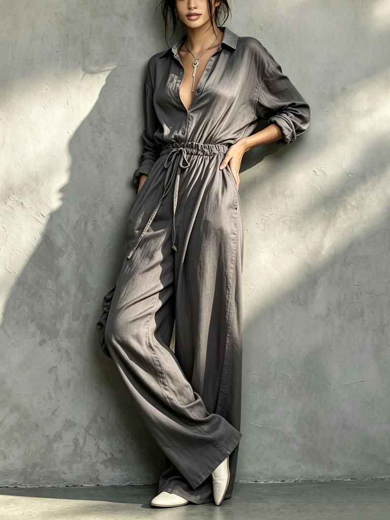 European and American TikTok//Minimalist style fashion long-sleeved lace-up waist two-piece set