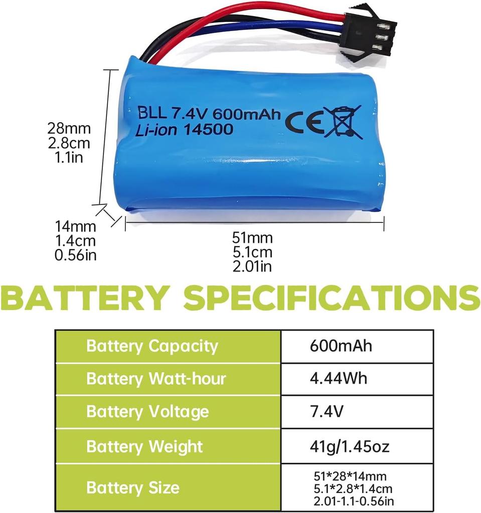 1x Li-ion Battery 7.4V 600mAh 2S with SM-3P Connector + USB Cable – Compatible with RC Car DE82, TK3086B, TK-3082B, G20601, Stunt Flip Car