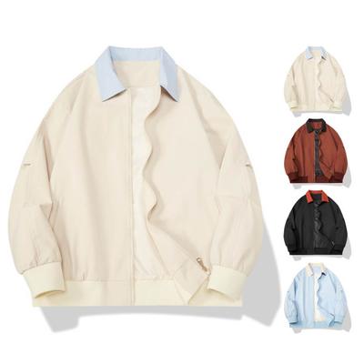 Women Casual Coat Lapel Long Sleeve Patchwork Color Elastic Hem Jacket Zipper