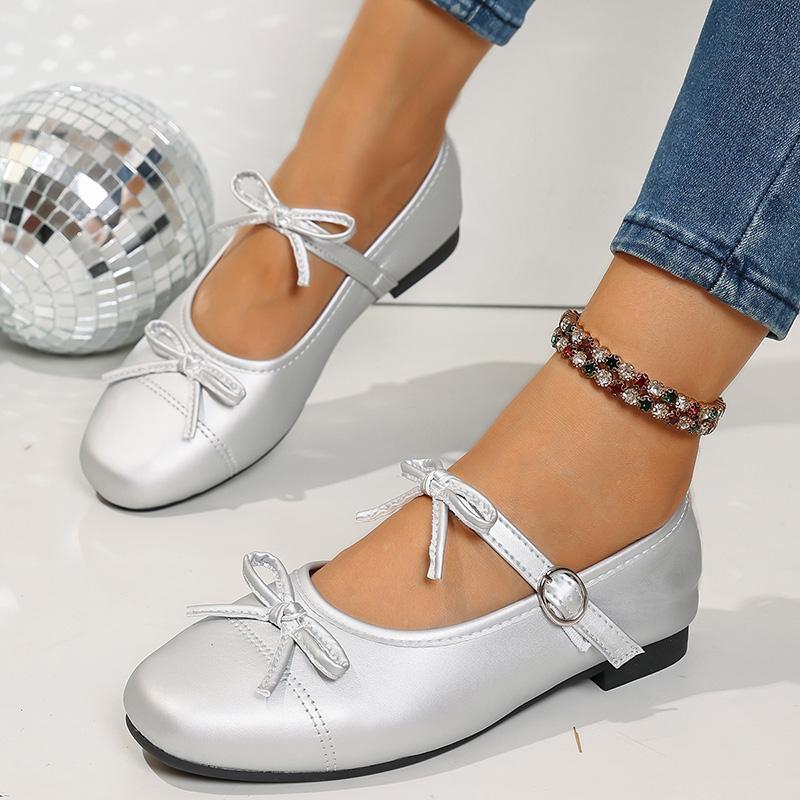 Fashion Fashion Bowknot Decor Flat Heel Mary Jane Shoes for Women Gold Silver Buckle Strap Lolita Shoes Woman Lightweight Comfort Flats