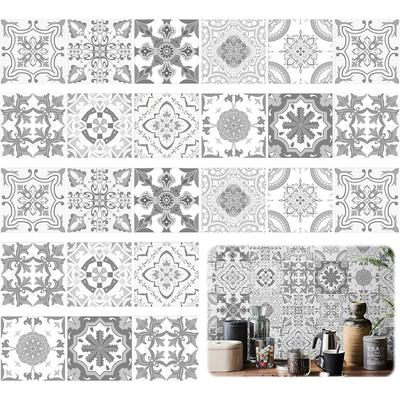 24pcs Grey Moroccan Tile Stickers, Moroccan Tile Decal, Kitchen Bathroom Wall Tile Stickers, Grey Cement Tiles Decal Splashback
