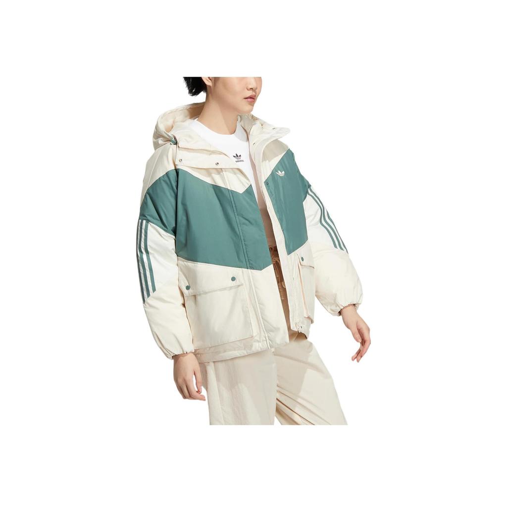 adidas Originals Trefoil Color Block Down Jacket With Hood And Brand Logo Print Women Outerwear White Green HS9518
