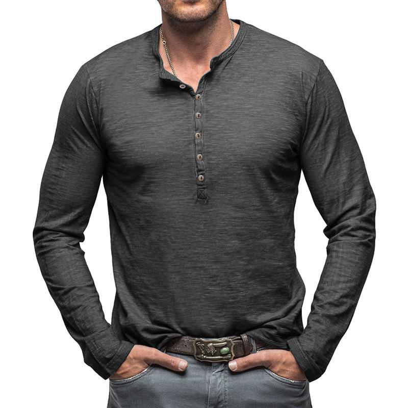 Men's Deep Blue Henley Neck Long Sleeve Casual Shirt with Stretch Comfort Fit