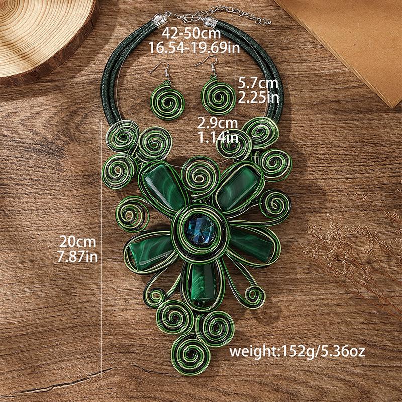

Етнічний Богемний Цирконієвий Набір Ручна Робота Стиль Алюмінієва Квітка Кулон Смарагдовий Довгий Комір Товстий Ланцюг Африканський Циркон Подарунок