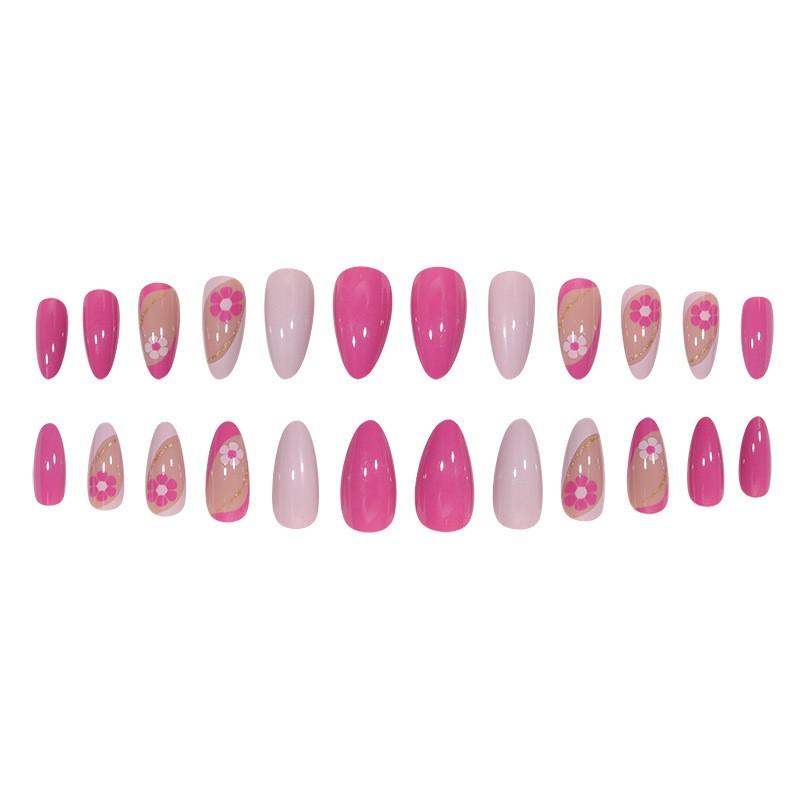 Chic Press-On Nails With Delicate Rose Pink Floral Design Fine Glitter Sparkle