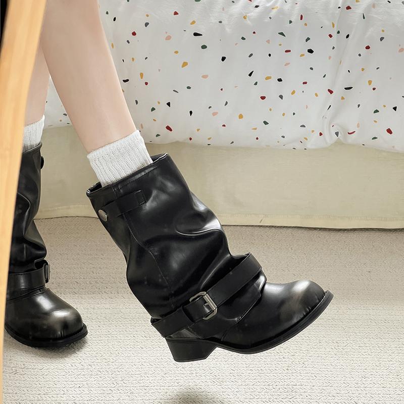 Fashion Vintage Thick Heel Women Western Cowboy Boots Fashion Belt Buckle Slip On Shoes Ladies Pleated Short Booties Autumn Winter