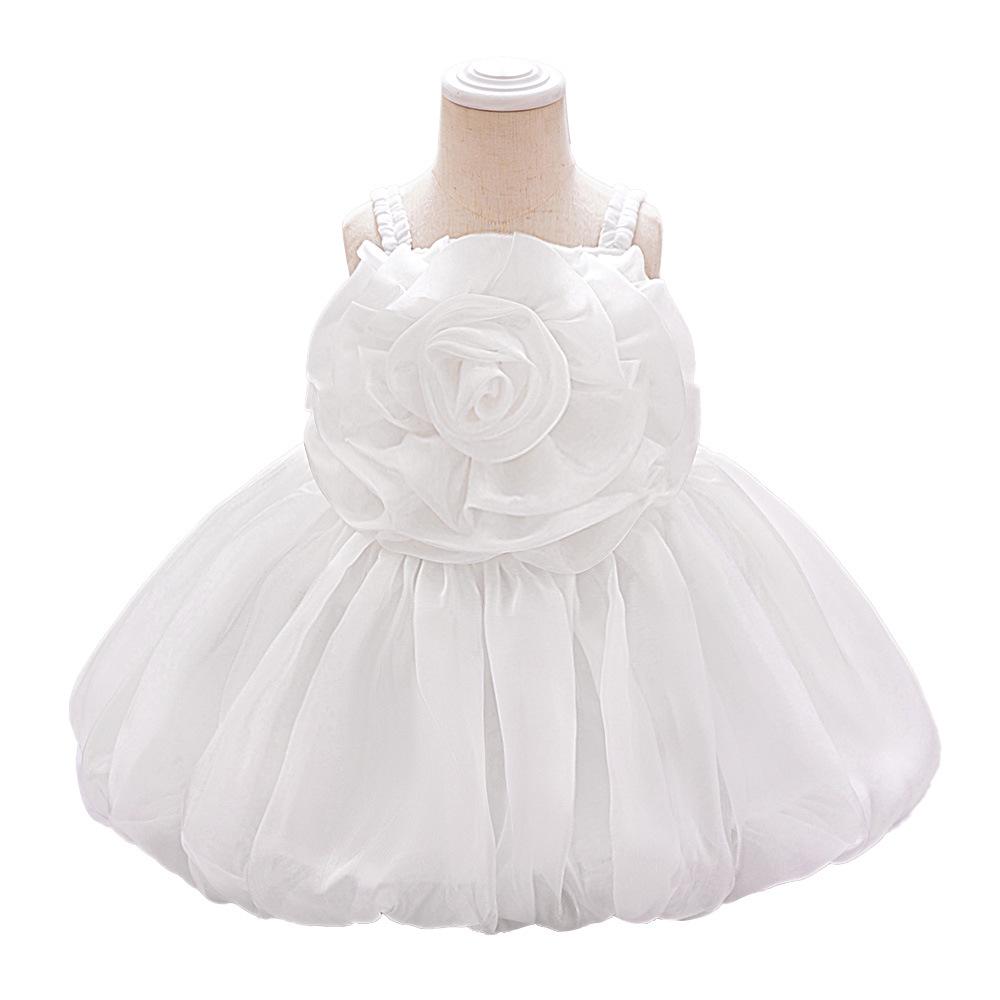 Toddler Princess Dress with 3D Rose Flowers and Shiny Satin Puff Sleeves