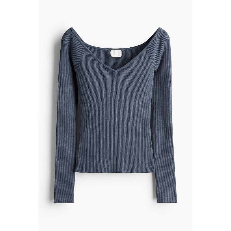 

HM Women s Clothing Fur Knitwear Autumn Fashion Plaid Silm off-the-Shoulder Tops 1239454 Pigeon blue 155/80(XS)