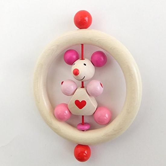wooden pacifier and rattle teether by pink German-made Himes, heart-shaped mouse,