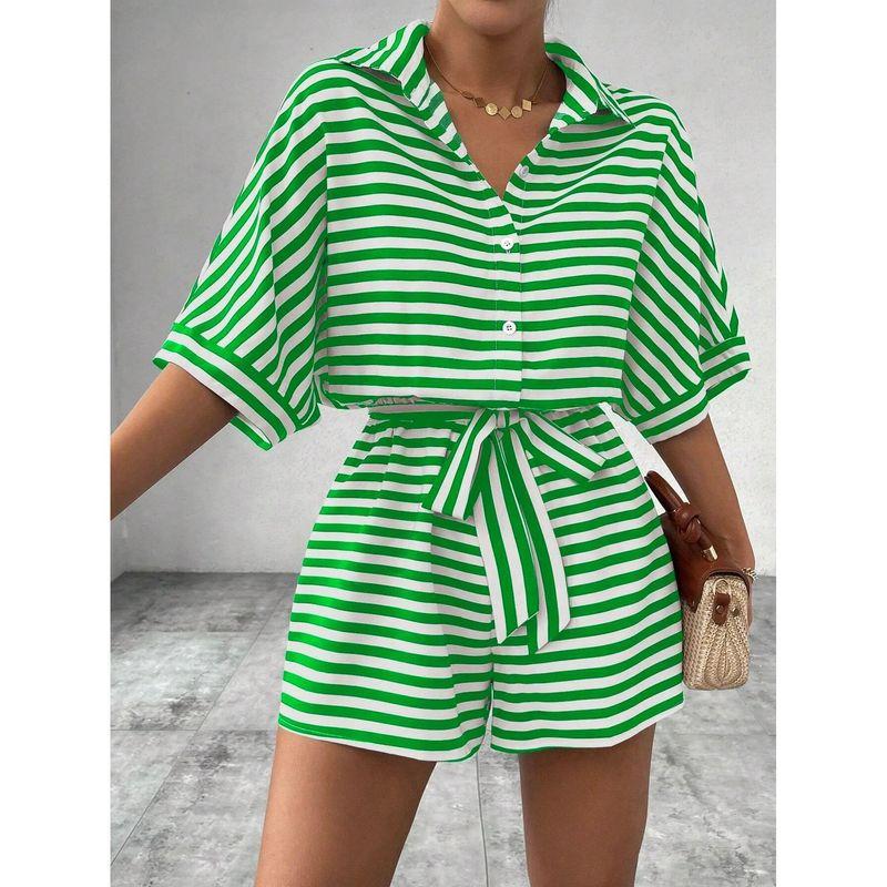 Striped Lapel Mid Sleeved Jumpsuit Shorts Stripes Lapel Mid-Sleeve Jumpsuit