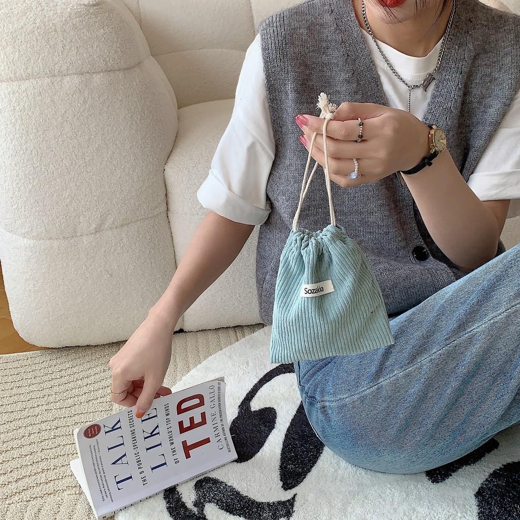 32133 Plain Corduroy Weave Tag Drawstring Closure Cosmetic Bag Women Portable Large Capacity