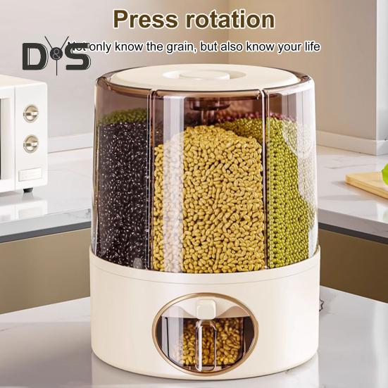 Sealed Dry Grain Bucket Dispenser Large Capacity 6 Compartments Transparent 360-Degree Rotatable Rice Dispenser Grain Bucket