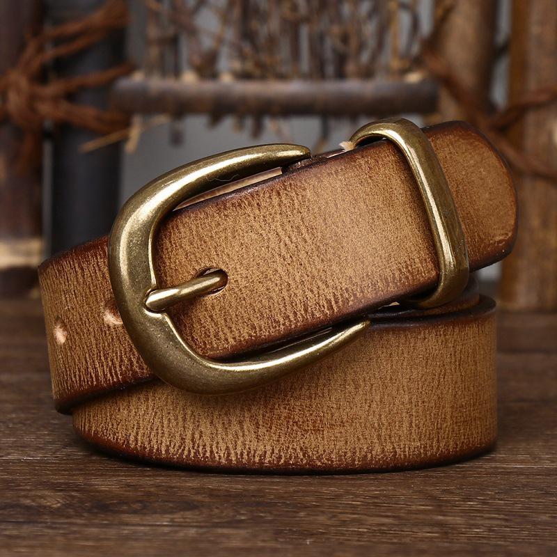 Unisex 3.3cm Men and Women Real Genuine Leather Vintage Belt Female Luxury Copper Buckle Belt Male High Quality Jeans Strap