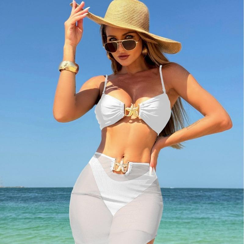 New Sexy Solid Color Three-piece Mesh Dress Swimsuit Bikini Bikini TEMU