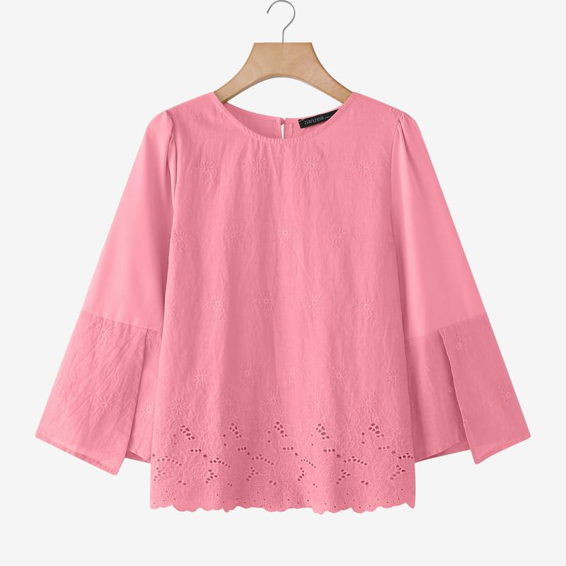 

ZANZEA Женская повседневная блузка с круглым вырезом, вышивкой, крючком, свободного кроя, с длинным рукавом 5XL темно-розовый
