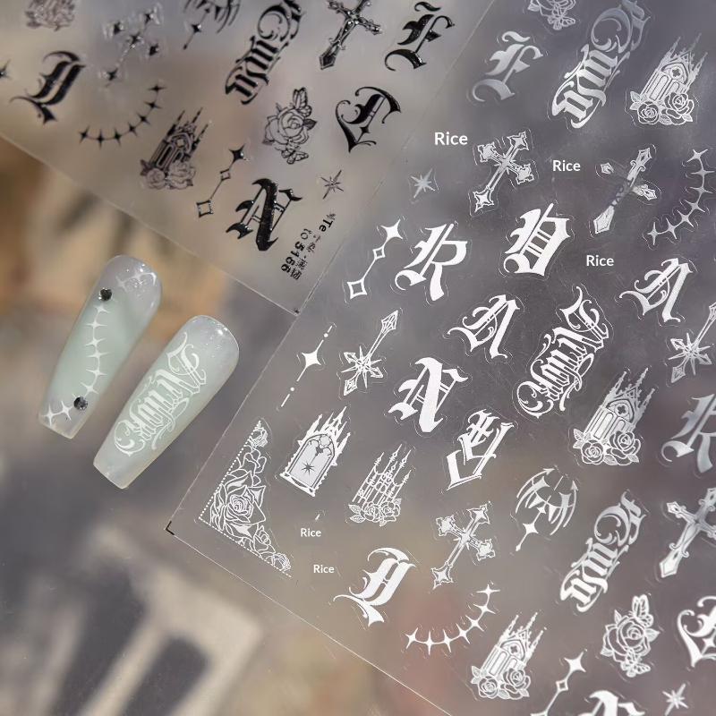 1 Sheet European Letter Nail Decor Sticker 3D Dark Gothic Impression Self Adhesive Nail Art Decals Thin And Tough Nail Stickers