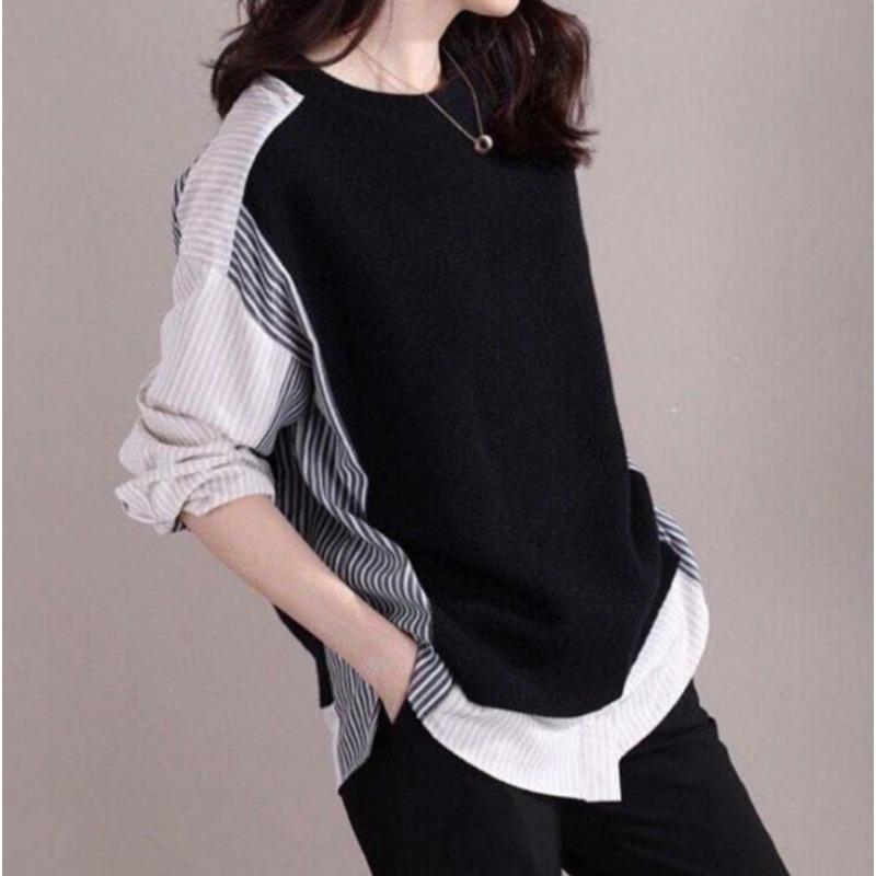 Women Fake Two Piece Striped Patchwork Loose Casual Long Sleeve Shirt S