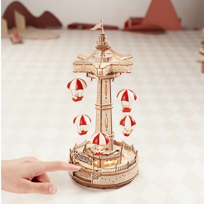 3D Wood Puzzle Amusement Park Series (Parachute Tower) Parasol Attraction Miniature Glowing Rotating Amusement Park with Japanese Instruction Manual