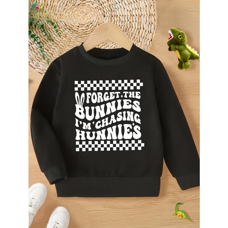 Kids Sweatshirt FORGET THE BUNNIES I M CHASING HUNNIES Wave Letter Print Versatile Casual Crewneck Sweatshirt 110 чёрный