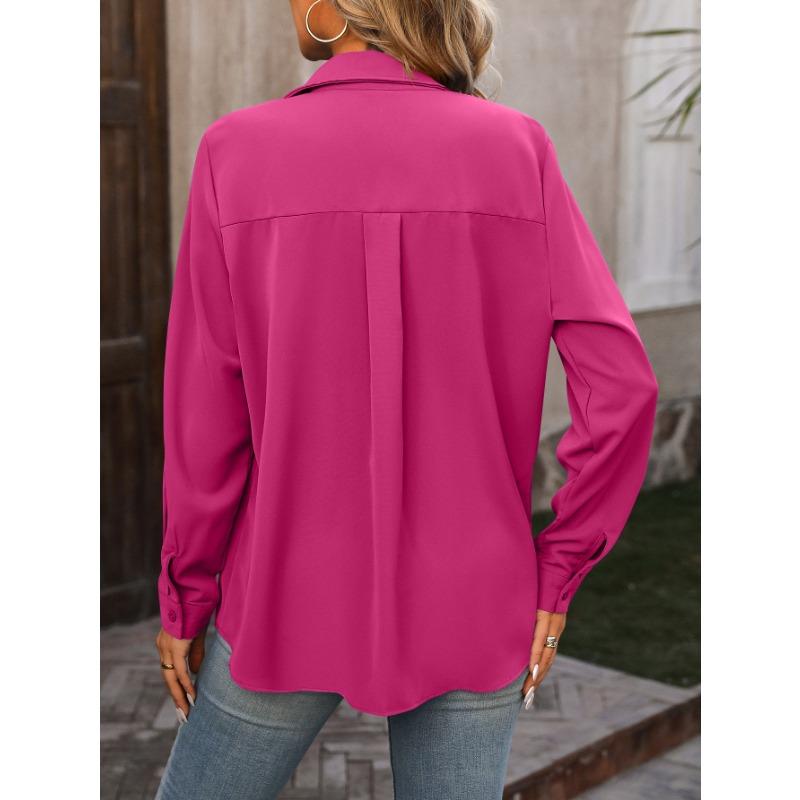Women's Fashion Casual Spring Fall Solid Color Print Long Sleeve POLO Neck Blouses & Shirts