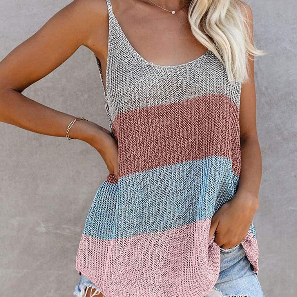 2026 Summer Women's Color Block Knit Tank Top, Round Neck Sleeveless Crochet Vest Cami for Casual Beach & Daily Wear