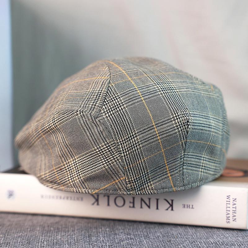 Gray Plaid Newsboy Hat Linen Cotton Womens Mens Ivy Cap Cabbie Driver Hat Spring Autumn Flat Hats Vintage Gatsby Beret A-53