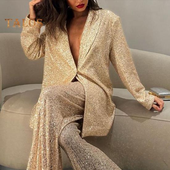 Cămașă cu paiete, pantaloni, cu rever, cu decolteu în V, cu mânecă lungă, haină de lungime mijlocie, cu picior lat, pantaloni supradimensionați pentru petreceri, ținută de celebrități de club