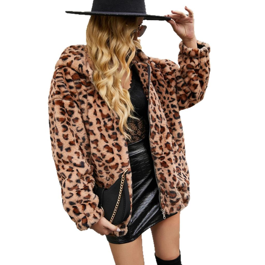 Casual Hooded Faux Fur Leopard Print Jacket Plush Short Jacket Autumn and Winter Jacket