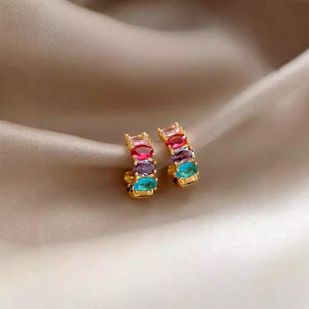 

Quality Colored Zircon C-Shaped Sugar Cube Earrings Niche Design Needle Copper Plated Real Gold Earrings Dopamine