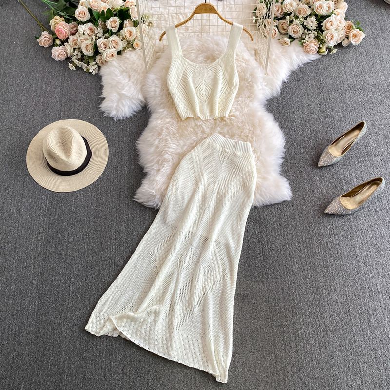 

Women s Summer Niche Style Cut Out Jacquard Hip Knitwear Suit White One size