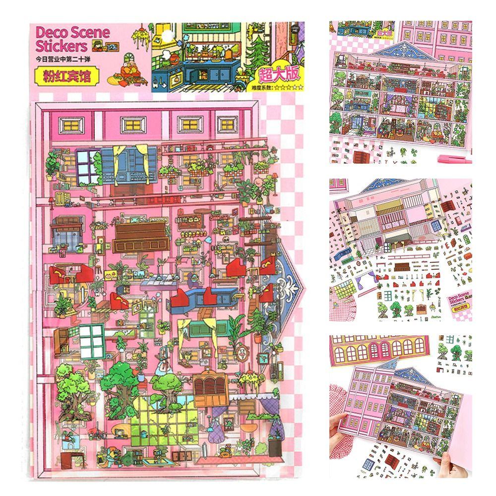 2.5D Landschaftsaufkleber Mehrfarbig Wohnungs-Landschafts-Aufkleber-Set Rosa Hotel Cartoon-Muster Landschaftsgestaltung Decal Scrapbooking