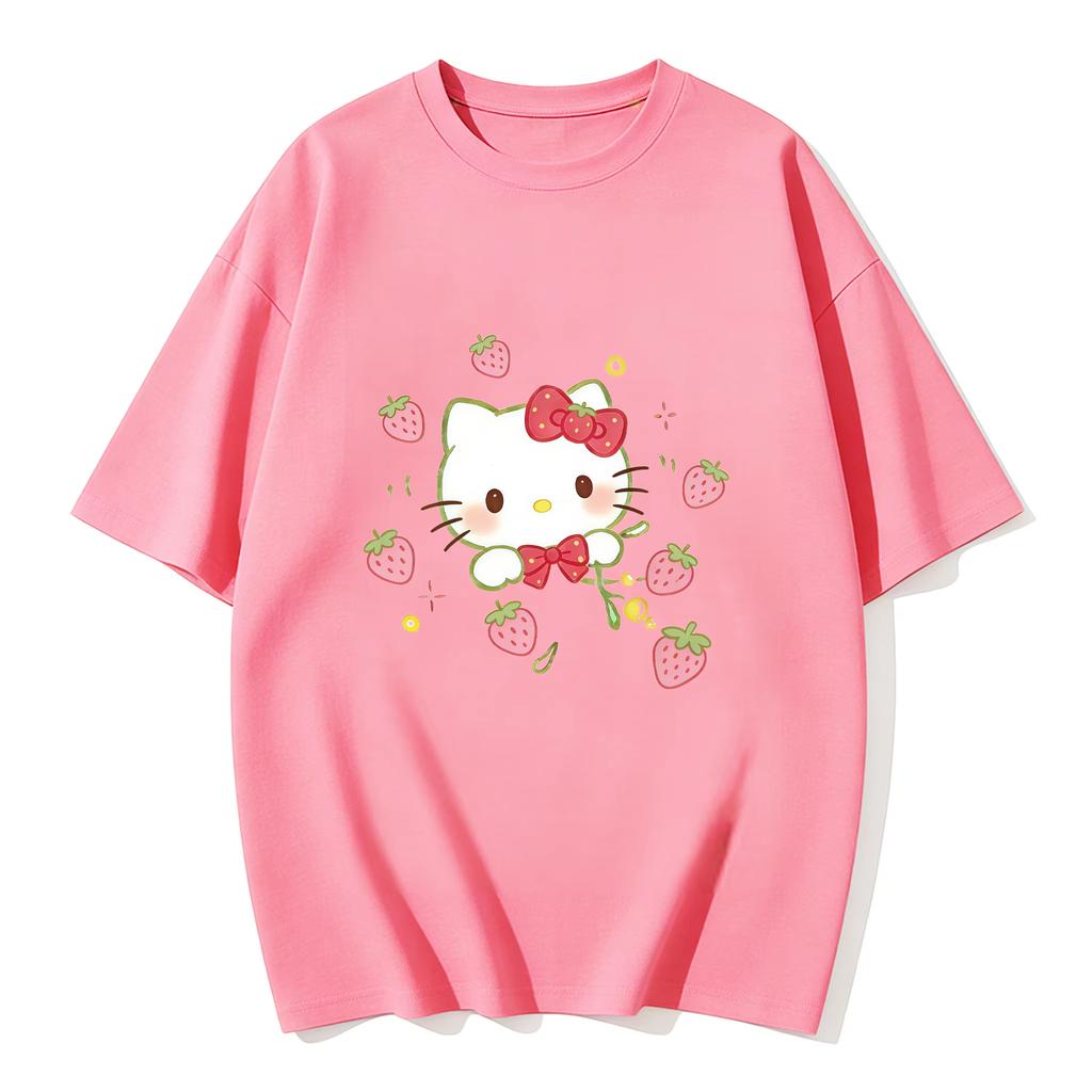 2026 New Summer HelloKitty Cute Graphic Tee Casual Short Sleeve Cotton Top for Women Girls Kawaii Cartoon Print Streetwear