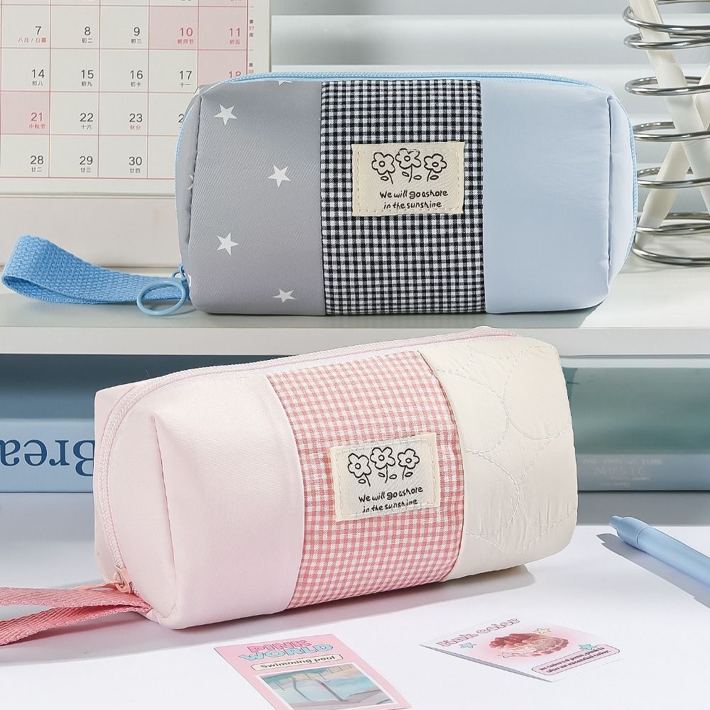 Large Capacity Pen Bag Plaid Color-Blocking Stationery Bag Korean Pencil Pouch  Gift
