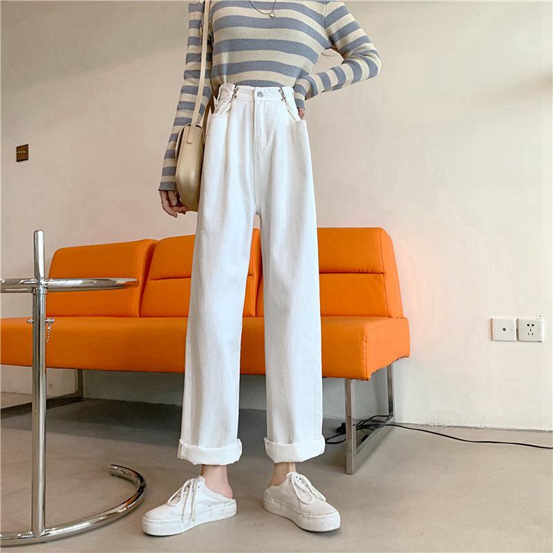 Women's White High Waist Slim Straight Wide Leg Jeans - Trendy Loose-Fit Mopping Trousers