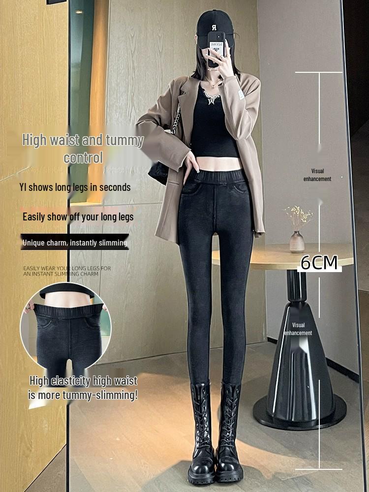 High Waist Plus Size Fleece-Lined Denim Leggings for Women - Spring/Autumn Slimming Elastic Skinny Pants