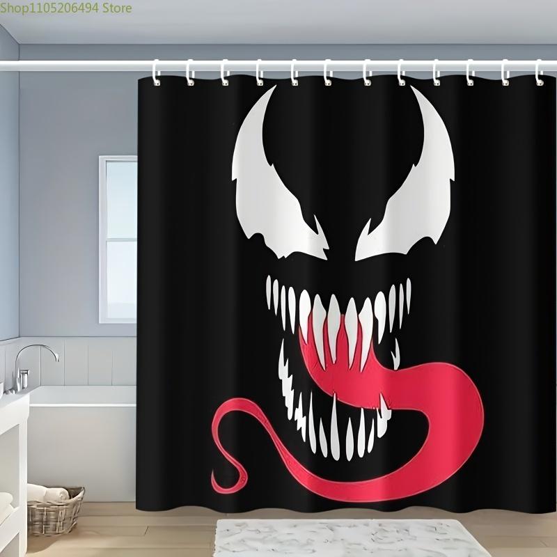 

1pc Venom Shower Curtain, Polyester, Machine Washable with Hooks, Black and White Cartoon Design for Bathroom Decoration, Curt 90x180cm