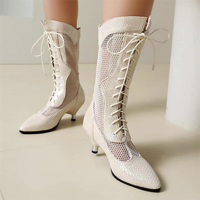 Pink Mid-calf Boots Women Low Heels Ladies Mesh Black 2025 New Summer Shoes Lace-up Long Party Dance Boots Breathable Spring