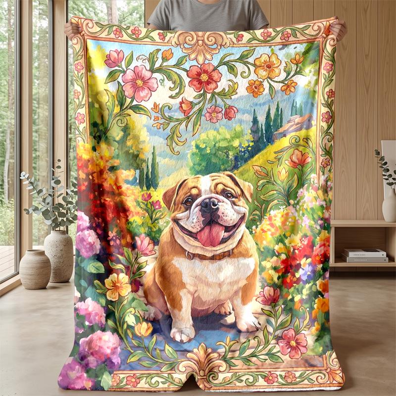 Bulldog Floral Pattern Blanket Personalized Name Flannel Blanket Soft Cozy Plush Throw for Sofa Bed Lightweight Home Decor