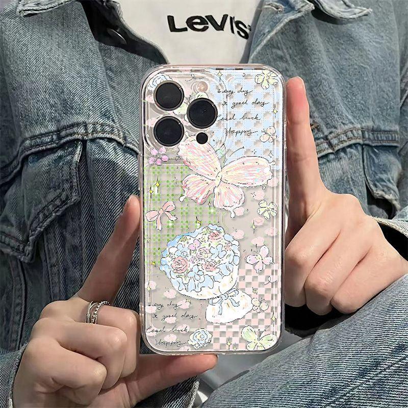 Korean plaid butterfly flower for iPhone17promax Apple 16 mobile phone case 14/13 cute 15