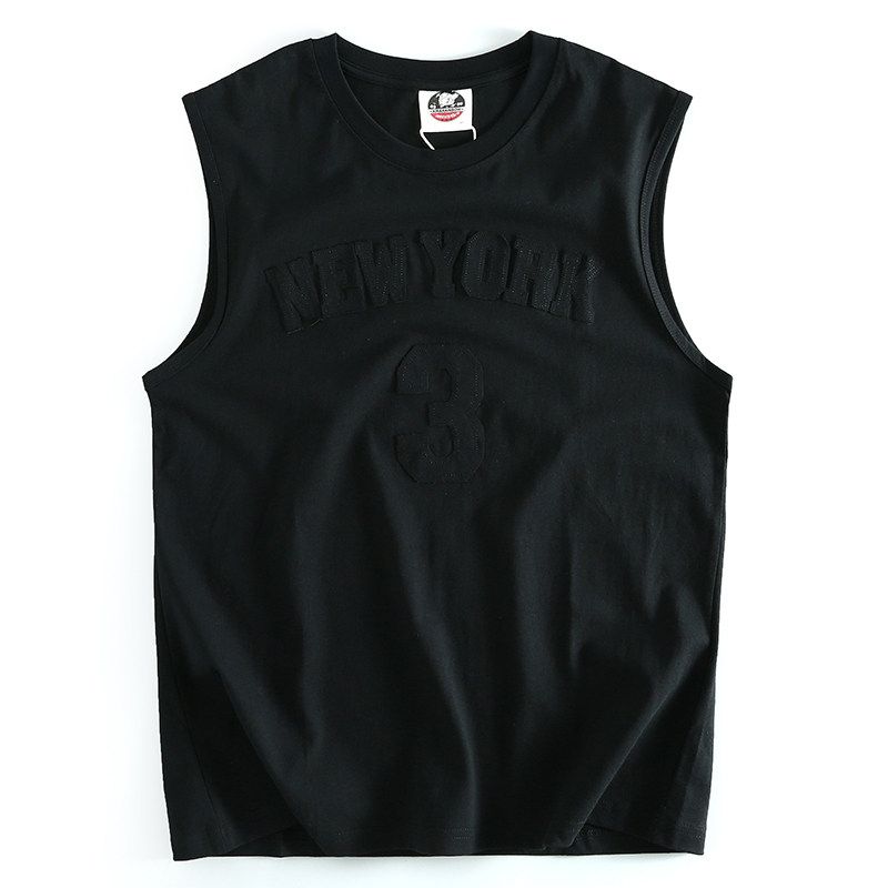 Foreign Trade Label-Cut American High Street Fashion Men s Sweat Vest, Washed Cotton Fitness Sleeveless Tank Top, Trendy Sports Brand T-Shirt Black 3XL