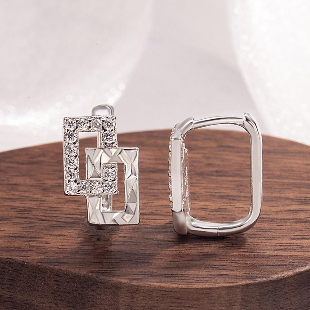 925 Sterling Silver Stylish Simple Square Edge Geometric Zircon Ear Buckle Birthday Party Anniversary Gift