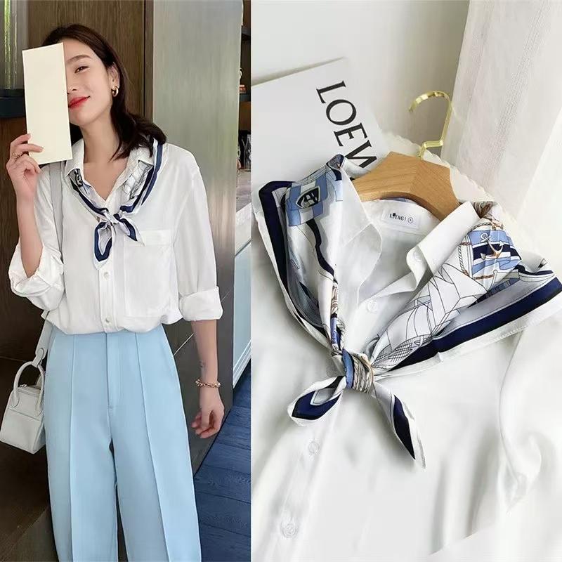 Light  Purple Women'S 100% Mulberry Silk Scarf Neckerchief Spring Fall New Luxury Floral Design Satin Squaresilk Scarves 65*65Cm