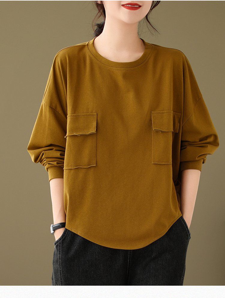 High-end Round Neck Sweatshirt for Women In Autumn Simple Solid Color Long-sleeved Bottoming Shirt Casual Top