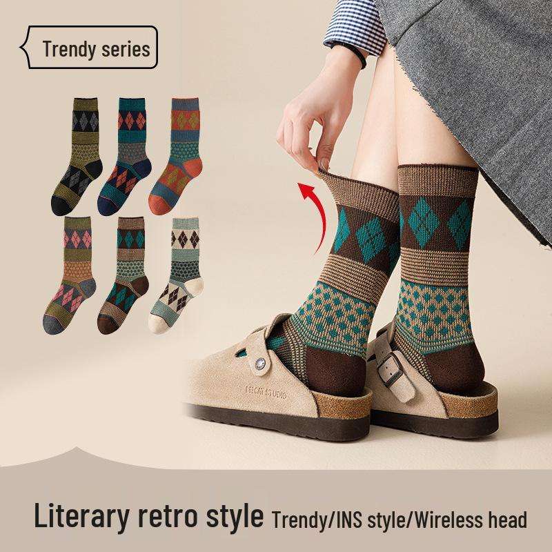 Women's Retro Argyle Mid-Calf Socks - Autumn/Winter Ethnic Style